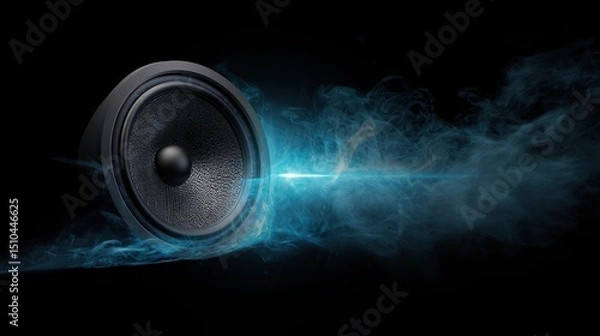 Fototapeta A black speaker with sound waves emitting from it, blue smoke coming out of the speaker, isolated on a dark background, close-up, a music concept. 