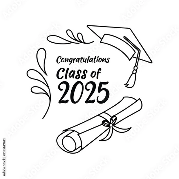 Fototapeta Class of 2025 Graduation Greeting Sign with Cap and Diploma vector.