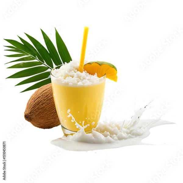 Obraz glass of mango juice with straw and coconut png fruit photo isolated with transparent background