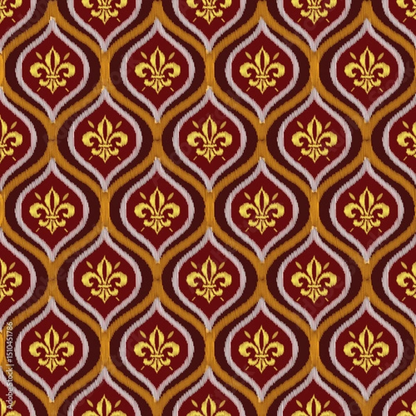 Fototapeta A seamless ornamental pattern featuring golden fleur-de-lis symbols enclosed in an ikat-style ogee design. The rich maroon, gold, and white tones give this artwork a regal and luxurious appearance