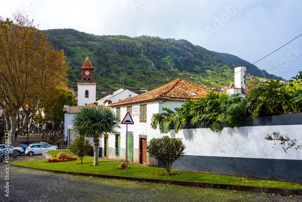 Fototapeta View of Machico Parish Church and old house in Machico, Madeira