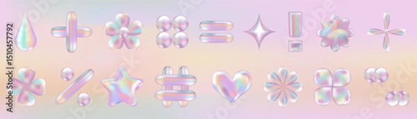 Fototapeta 3d holographic retro 90 icons set. Pink Chrome Heart, Hashtag, Percent, Star, Daisy Flowers, abstract shapes on gradient background. Future galaxy aesthetic, 3D chrome bubble art. Metal glossy sticker