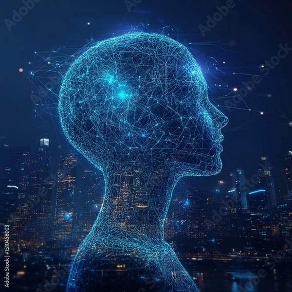 Fototapeta Digital Human Head Network Cityscape Futuristic AI Technology Data Blue Dark Mesh Lines Night Urban 