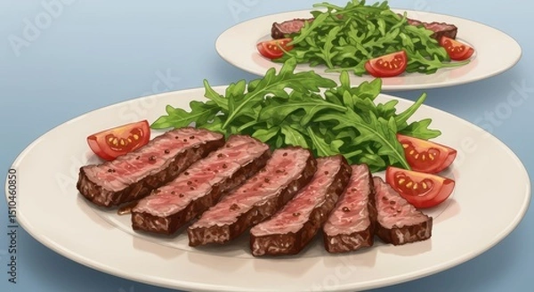 Fototapeta Sliced Steak with Arugula Salad and Tomato