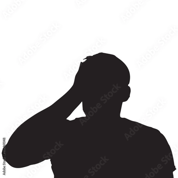 Fototapeta Silhouette of a person with their hand on their head, conveying stress, worry or frustration.