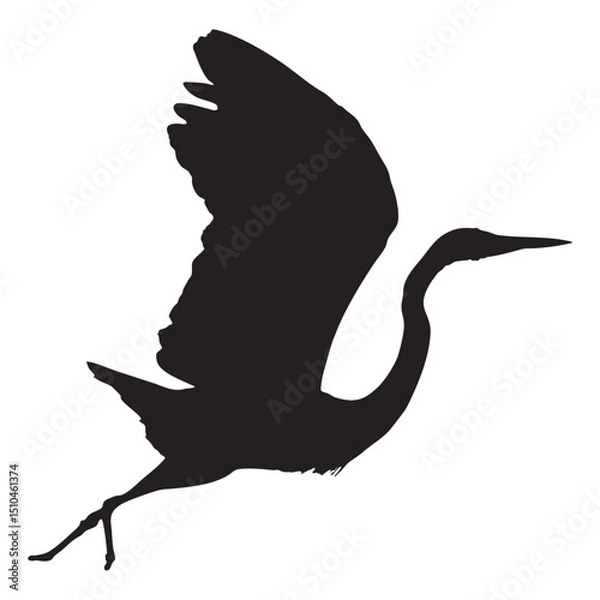 Fototapeta Silhouette of a heron in flight, wings outstretched against a white background, graceful bird.