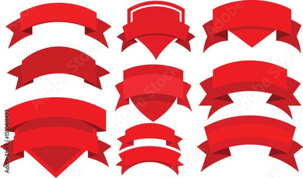 Obraz A vibrant set of nine red, vector-based ribbon banners ideal for adding visual interest and callouts to designs, offering diverse shapes and styles for promotions, sales, or celebratory announcements 