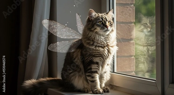 Obraz Cat with Translucent Wings Sitting by the Window