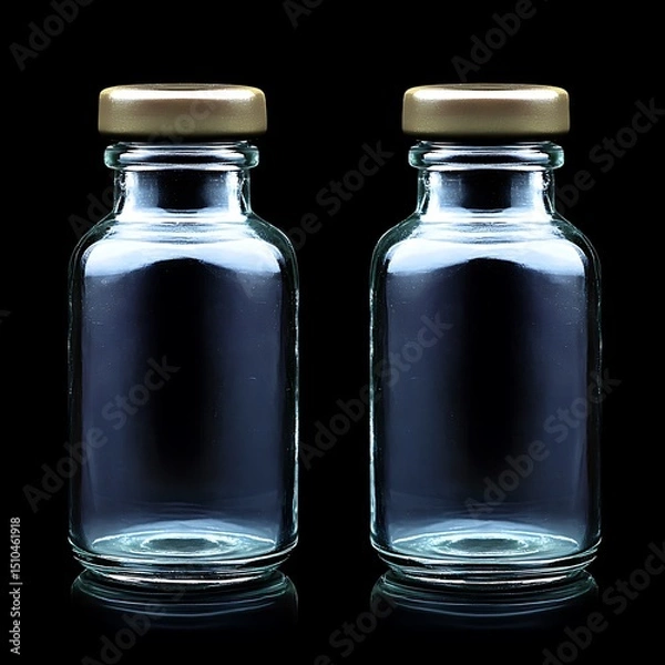 Fototapeta Two empty glass bottles with golden lids isolated on a sleek black surface