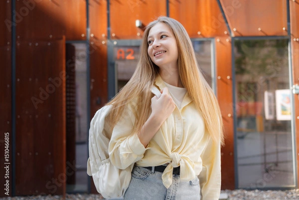 Fototapeta Young woman with long hair smiles while walking near modern architecture on a sunny day in a vibrant urban setting
