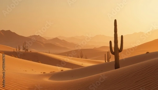 Fototapeta Stunning High-Resolution Desert Landscape Sandy Dunes, Cactus Silhouettes, and Warm Sunset Hues - Perfect for Travel and Adventure Presentations
