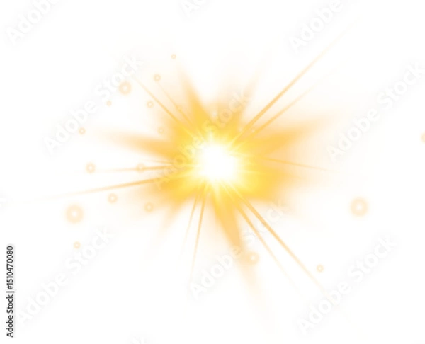 Fototapeta Bright golden light burst radiating beams with sparkles isolated on transparent background png for overlay
