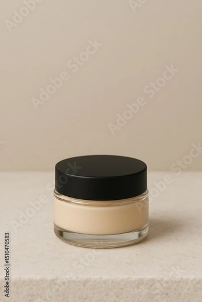 Fototapeta A cream round jar with a black matte lid sits on a soft beige stone surface. A minimalistic skincare product mockup