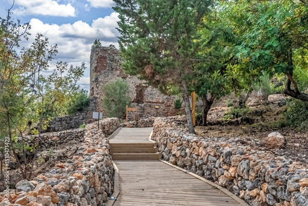 Fototapeta A scenic stone walkway in Alanya Castle, Turkey, leading through ancient ruins surrounded by greenery and trees. The path guides visitors through a historical site offering a peaceful view