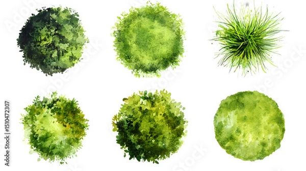 Fototapeta green grass isolated on white background, Set of watercolor tree top view for landscape plan and architecture layout.