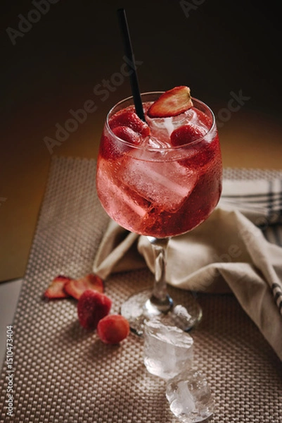 Fototapeta Close-up of strawberry cocktail with ice cubes and sliced strawberries, elegantly served in a stemmed glass with a black straw.