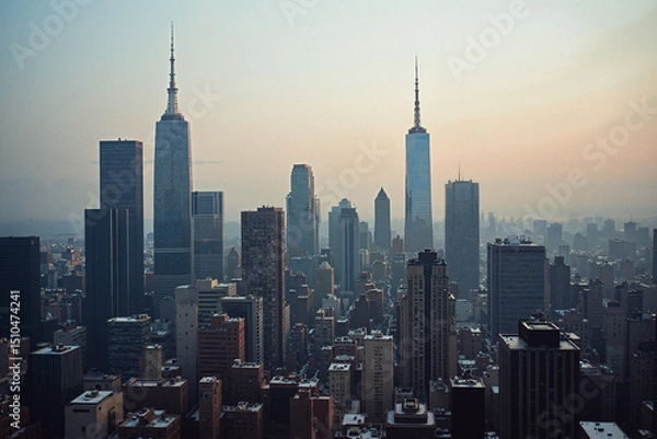 Obraz A panoramic view of a city skyline at sunrise, showcasing a variety of skyscrapers in shades of gray and brown.  The soft light adds a tranquil yet urban feel.