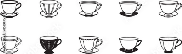 Fototapeta Hand Drawn Coffee and Tea Cups Collection with Saucers, Black and White Sketch Style Mugs for Café or Menu Design.
