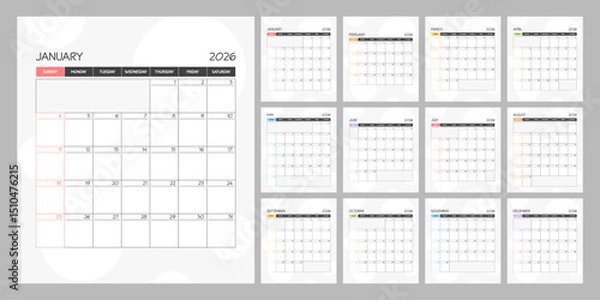 Obraz Monthly calendar rainbow square planner schedule for 2026 year. Week Starts on Sunday