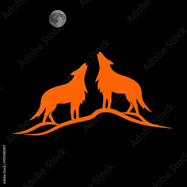 Fototapeta Silhouette of two wolves howling at the moon against a black night sky