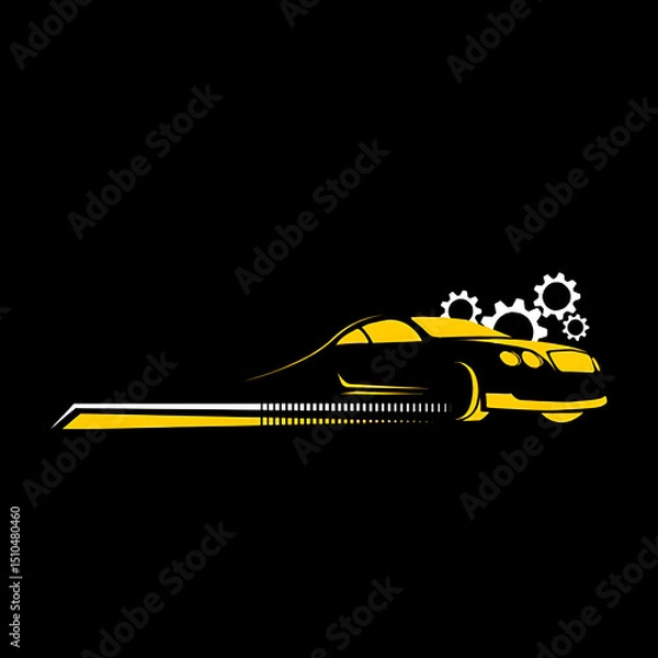 Fototapeta Sleek yellow car with gears on a black background automotive design concept