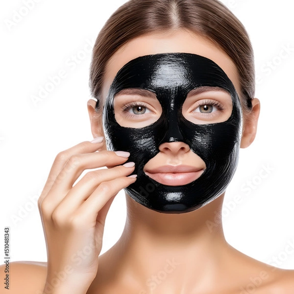 Fototapeta Woman with purifying black mask on her face isolated on white background. Ai Generated Images