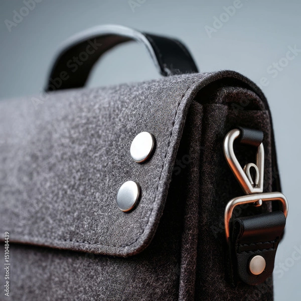 Fototapeta Your It Bag close-up of grey felt messenger bag corner with snap button and leather handle