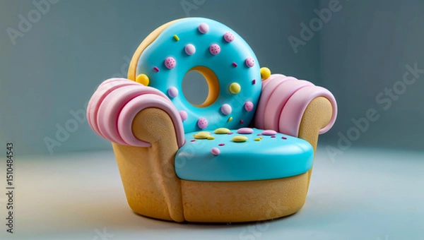 Fototapeta 3D Render of Whimsical Donut-Inspired Armchair with Frosting and Sprinkles in Pastel Colors, Designed to Look Like a Fun Dessert-Themed Furniture Piece