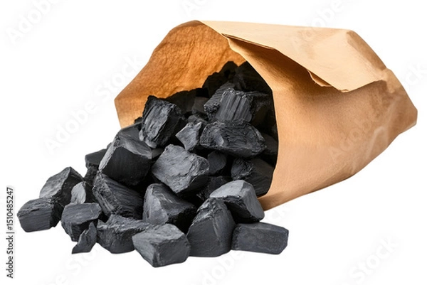 Fototapeta Black charcoal in a paper bag. Charcoal for igniting fire in a grill. Ai Generated Images