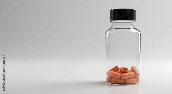 Obraz "Medical Dosage Focus: A transparent glass medicine bottle, sealed with a contrasting black cap, contains a small number of distinct orange tablets gathered at its base.