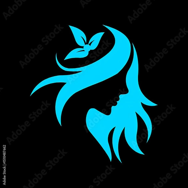 Fototapeta Elegant silhouette of a woman with flowing hair adorned by a floral element in cyan blue