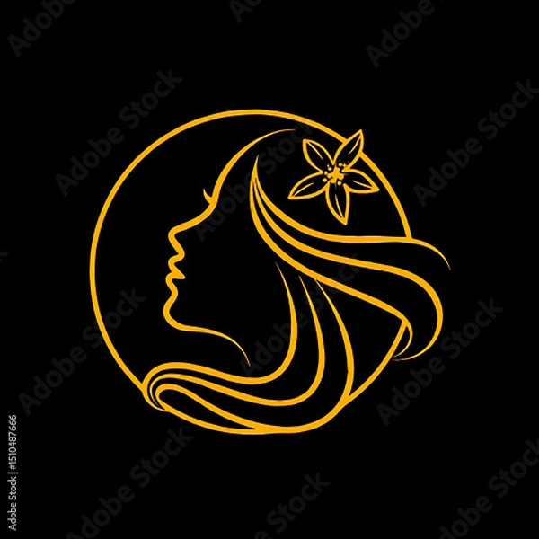 Fototapeta Elegant minimalist woman profile silhouette with flower within a circle on a black background
