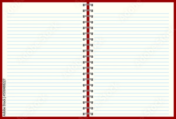 Fototapeta Illustration of an open blank notebook. Cartoon blank spiral notepad with lines.