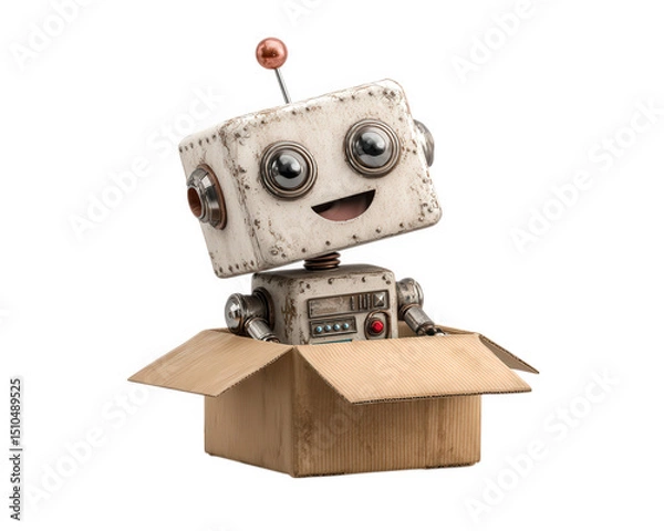 Obraz Cheerful robot with large eyes and comical expression is emerging from cardboard box. robot has vintage design, featuring metallic elements and playful demeanor, evoking sense of joy and curiosity