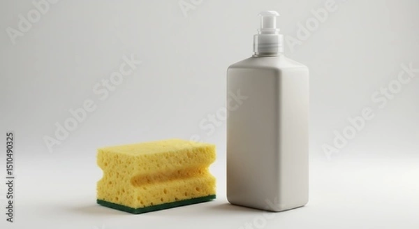 Obraz Minimalist Cleanliness: A vibrant yellow household sponge with a contrasting green scouring pad rests beside a sleek, unbranded white pump dispenser bottle, likely containing soap, lotion, or sanitize