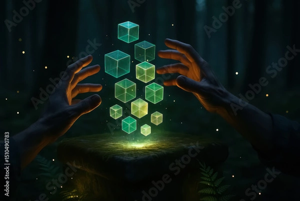 Fototapeta Holographic Cubes Rising from Stone Platform in Enchanted Forest