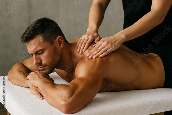 Obraz A muscular man receives a therapeutic back massage while lying on a white towel in a spa setting
