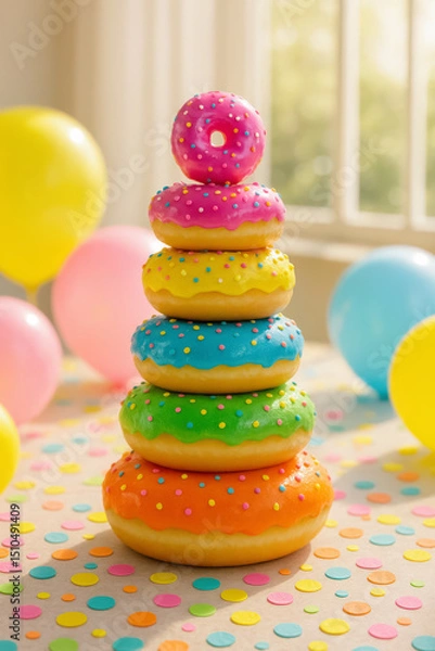 Fototapeta Stack of Colorful Donuts with Sprinkles and Balloons in Bright Party Room