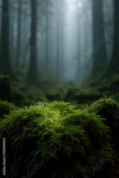 Fototapeta Lush Moss Patch Illuminated in Misty Enchanted Forest