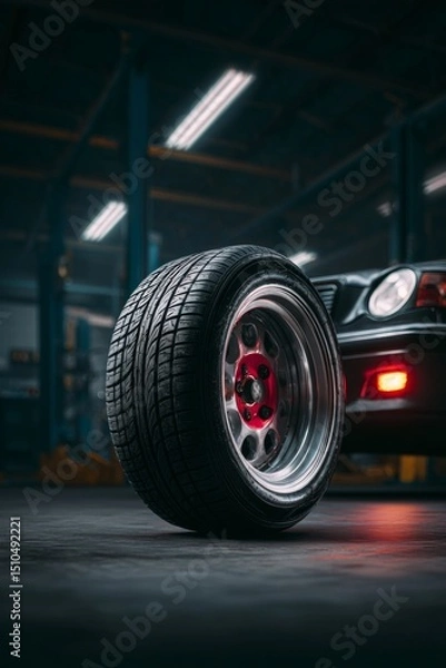 Obraz Black rubber car tire with chrome rim on a black wheel, set against the backdrop of an industrial garage.