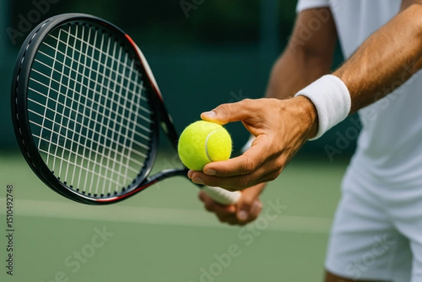 Fototapeta Tennis player ready to serve, holding ball and racket.