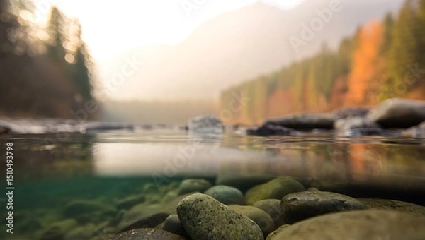 Fototapeta Over-Under View of Serene Autumn River with Underwater Stones and Misty Forest Landscape