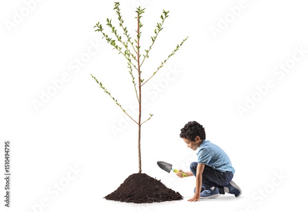 Fototapeta Kid kneeling and planting a tree