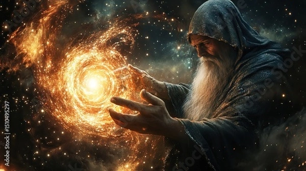 Obraz A wizard casting a powerful spell that creates an entire galaxy in his hands.