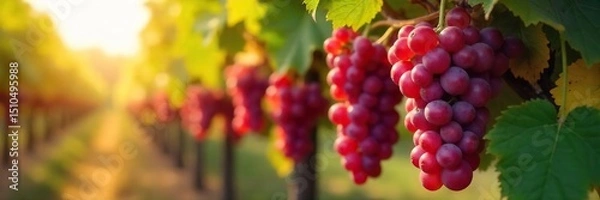 Fototapeta Sunlight streams through the leaves onto rows of ripe, red grapes hanging heavy on the vine, ready for harvest A beautiful autumnal scene of abundant fruit , wine industry, leaves, vineyard landscape