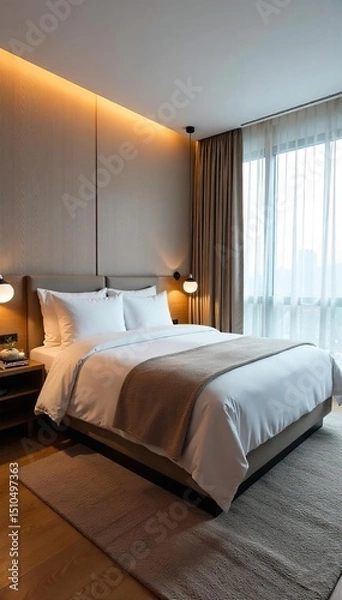 Fototapeta Luxurious motel suite with plush bedding, modern amenities, and a chic, minimalist design Enjoy the upscale comfort and stylish decor Perfect for a relaxing getaway , cozy, duvet, tidy