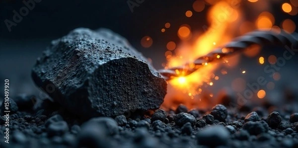 Fototapeta Close-up of a blackened, partially-consumed coal briquette next to a sparking electrical wire, symbolizing the energy transition from fossil fuels to electricity , combustion, power, energy crisis
