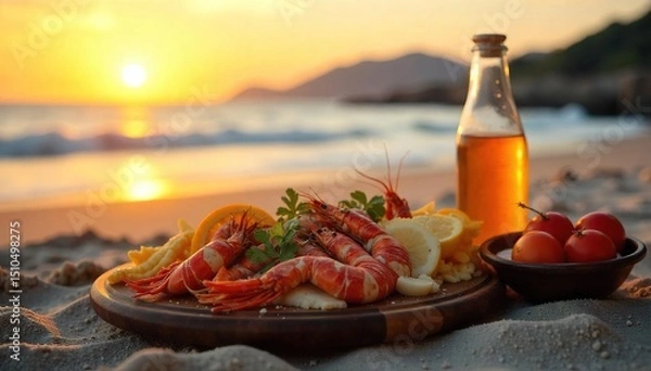 Fototapeta A delicious seafood feast enjoyed on a sandy beach at sunset The vibrant colors of the food contrast beautifully with the golden hour light and ocean backdrop , crab, seafood, beautiful