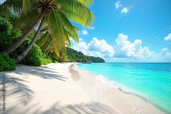 Fototapeta Sun-drenched white sand beach, turquoise ocean waves gently lapping the shore, lush palm trees swaying in the tropical breeze A postcard-perfect scene of paradise , clear water, exotic