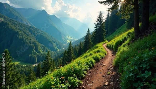 Fototapeta A winding mountain hiking trail disappears into a lush forest, sunlight dappling through the canopy Perfect for adventure, nature, and travel themes , woods, forest trail